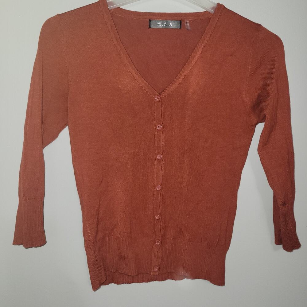Mak Womens Cardigan Sweater Red Orange Rust Button Up Stretch Long Sleeve Sz S